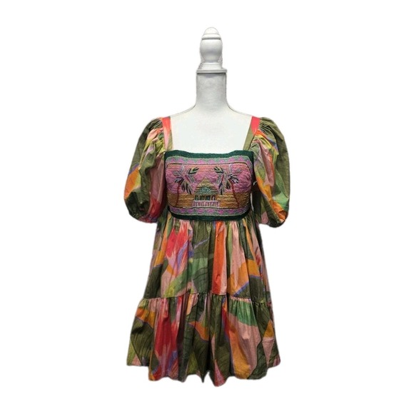 Farm Rio Mini Dress Beaded Garden Puff Sleeves Tiered Sz S Beach Festival Colorf - Picture 2 of 12